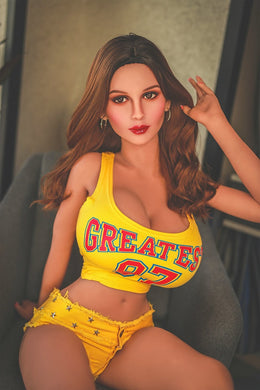 a sex doll in a yellow sports bra and yellow panties.